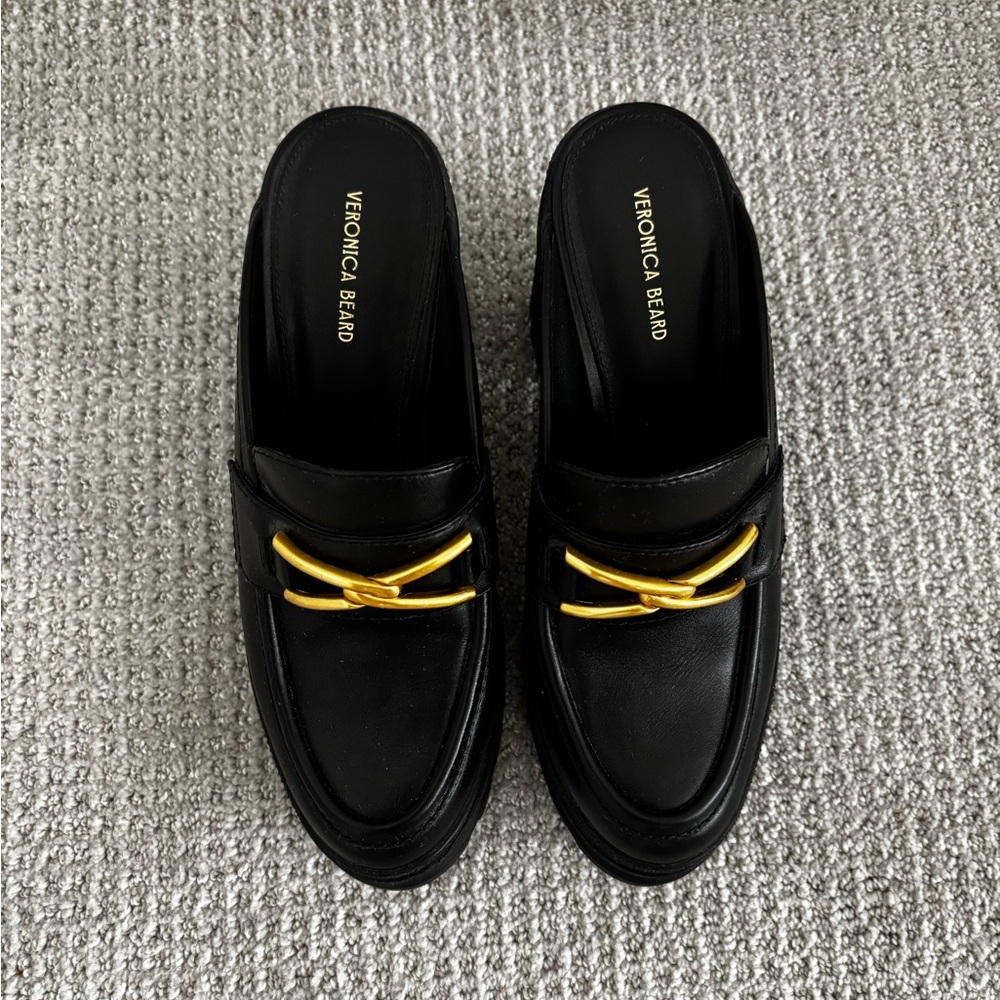 Veronica Beard Black Leather Loafers with Gold Link Detail
